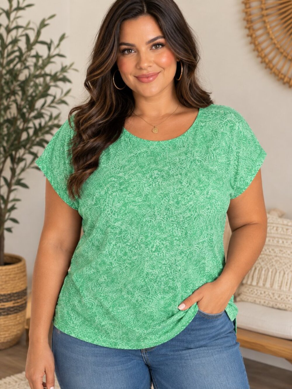 Liz Claiborne Green Paisley Style Pattern Short Sleeve Top